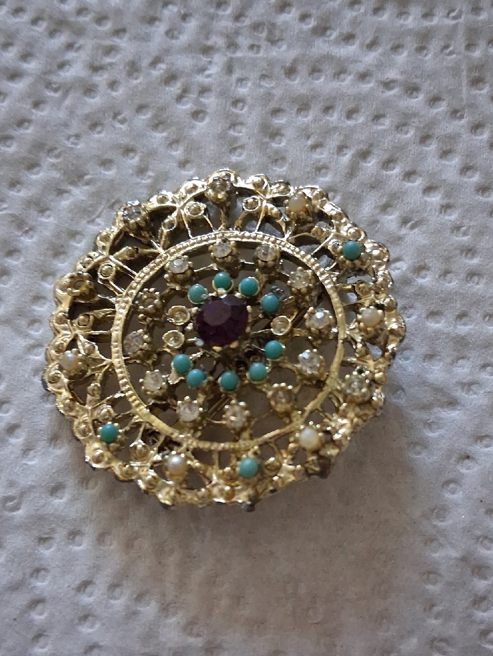 Gold Filigree Brooch with Turquoise Beads and Purple Center Crystal Missing